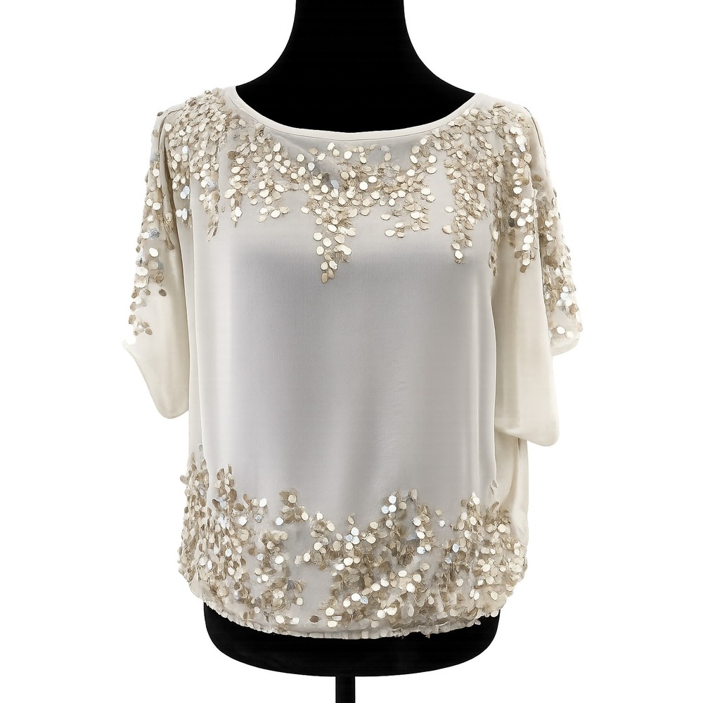 Cache Womens Cold Shoulder Dolman Blouse Top Size‎ XS Cream Chiffon Sequin Trim